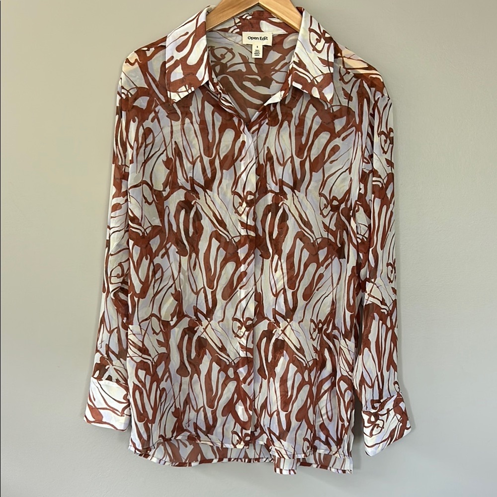 Nordstrom Open Edit Semi-Sheer Button Up Shirt Blouse Size Small‎ Abstract Print